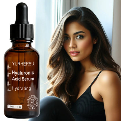 Yurhersu Hyaluronic Acid Serum bottle, glass dropper, 30ml, hydrating serum beside a model on Tampa Home & Garden Store