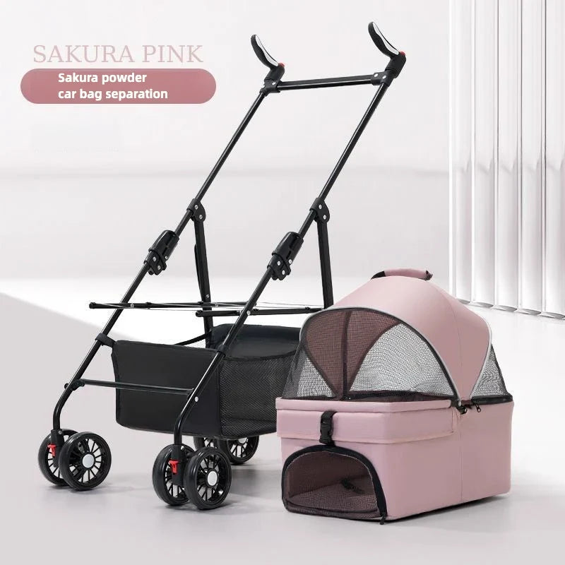 Pet Zen 3-in-1 dog stroller with detachable pink mesh travel carrier, folding 4-wheel frame on Tampa Home & Garden Store