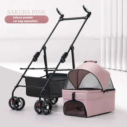 Pet Zen 3-in-1 dog stroller with detachable pink mesh travel carrier, folding 4-wheel frame on Tampa Home & Garden Store