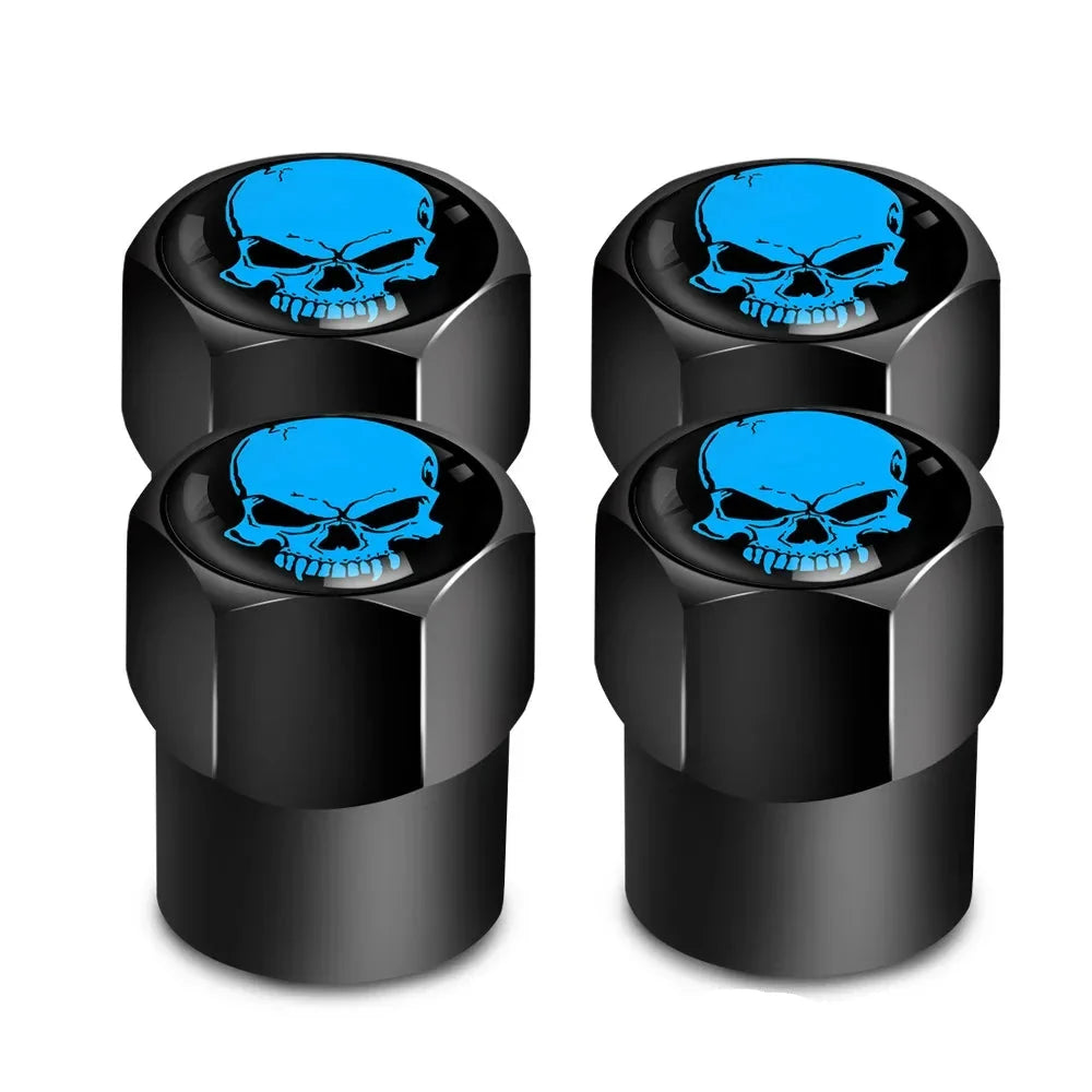 4-pack valve stem caps set, black with blue skull tops by BikerZoneZ on Tampa Home & Garden Store