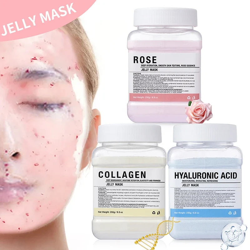 Jelly mask trio by Silcy Skin: Rose, Collagen, Hyaluronic Acid jars on Tampa Home & Garden Store