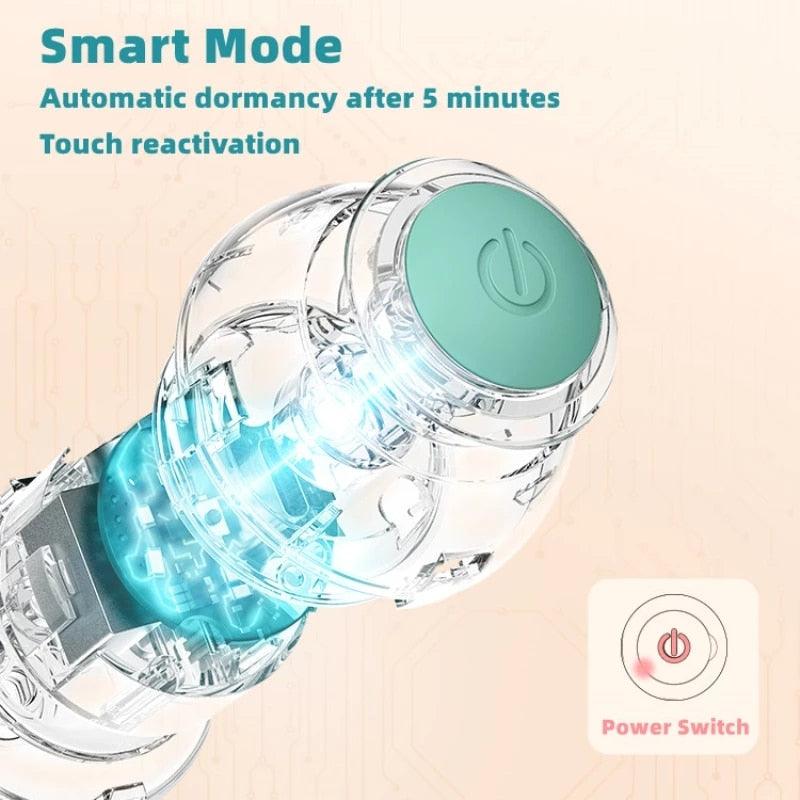 Smart Cat Rolling Ball Toy, self-moving ball with turquoise interior and green power switch on Tampa Home & Garden Store