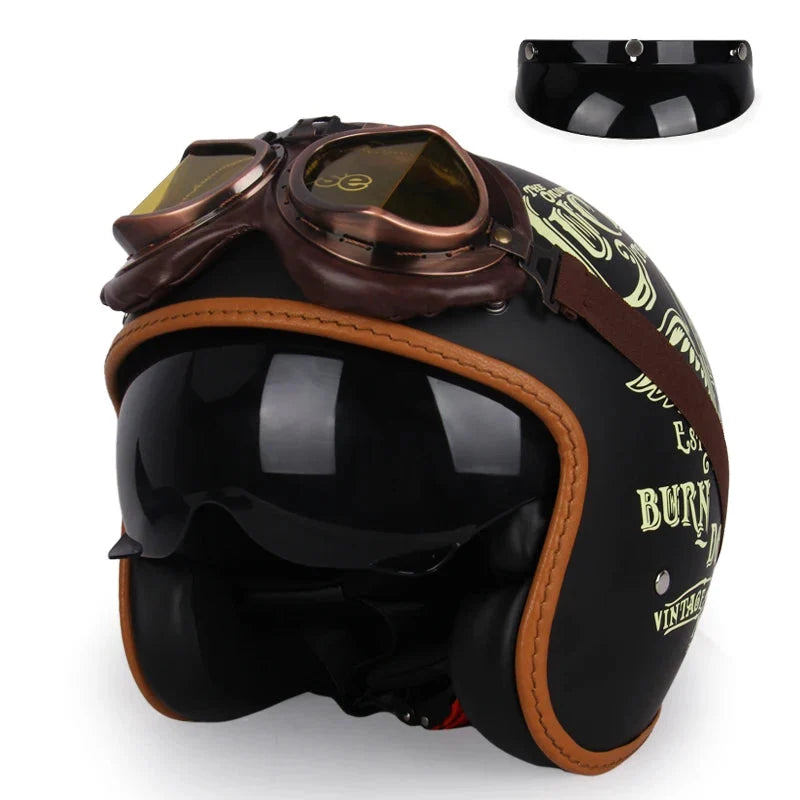 Vintage open-face motorcycle helmet by BikerZoneZ, black with brown leather trim on Tampa Home & Garden Store