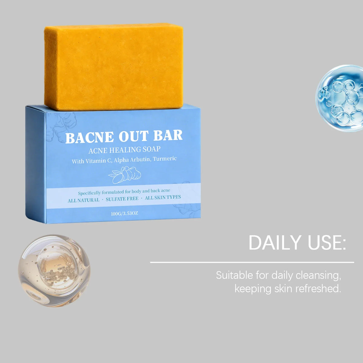 Bacne Out Bar acne healing soap by Silcy Skin, orange bar on blue box packaging on Tampa Home & Garden Store