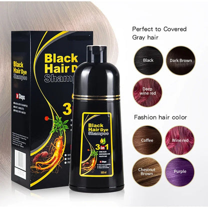 3-in-1 Black Hair Dye Shampoo bottle by Silcy Skin with natural black herbal formula on Tampa Home & Garden Store
