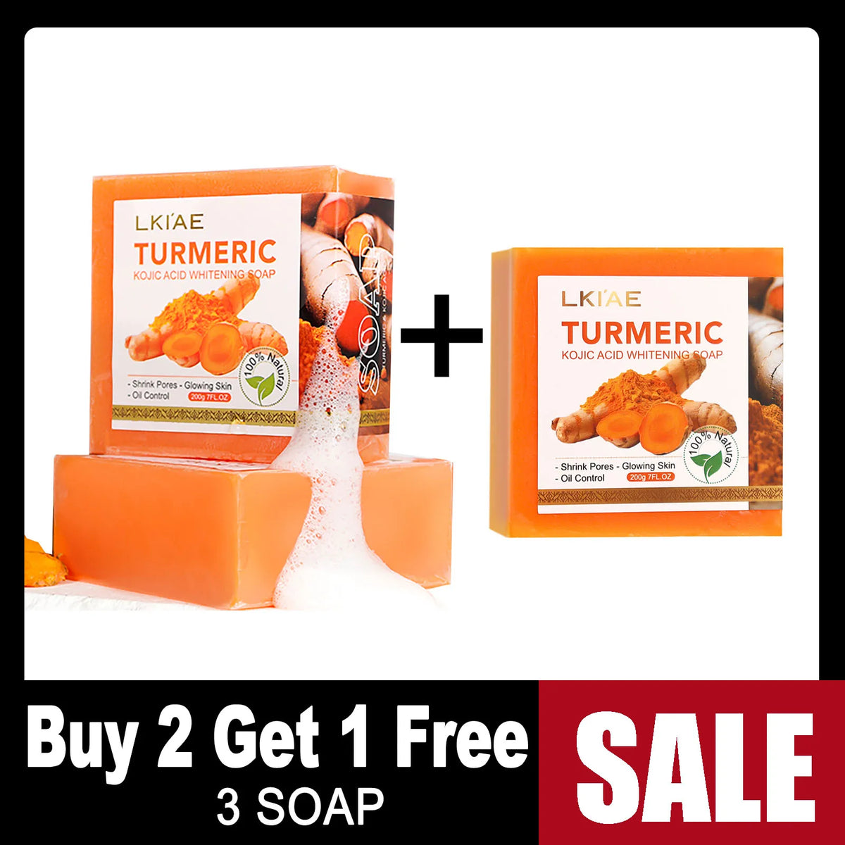 LKIAE Turmeric Kojic Acid Whitening Soap bars, orange boxes with ginger image, 2-pack on Tampa Home & Garden Store