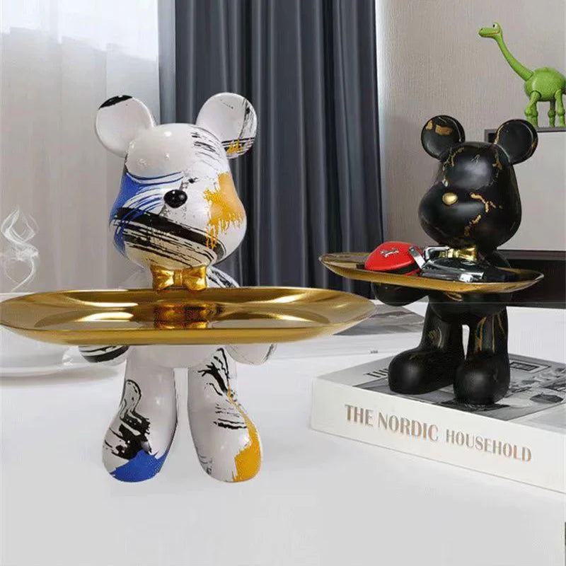 Pair of graffiti bear ornaments by Perfecsy, white and black with gold trays, decor on Tampa Home & Garden Store