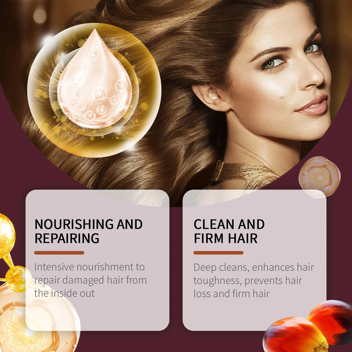 Batana shampoo with glossy brown hair and pink droplet motif on maroon background on Tampa Home & Garden Store