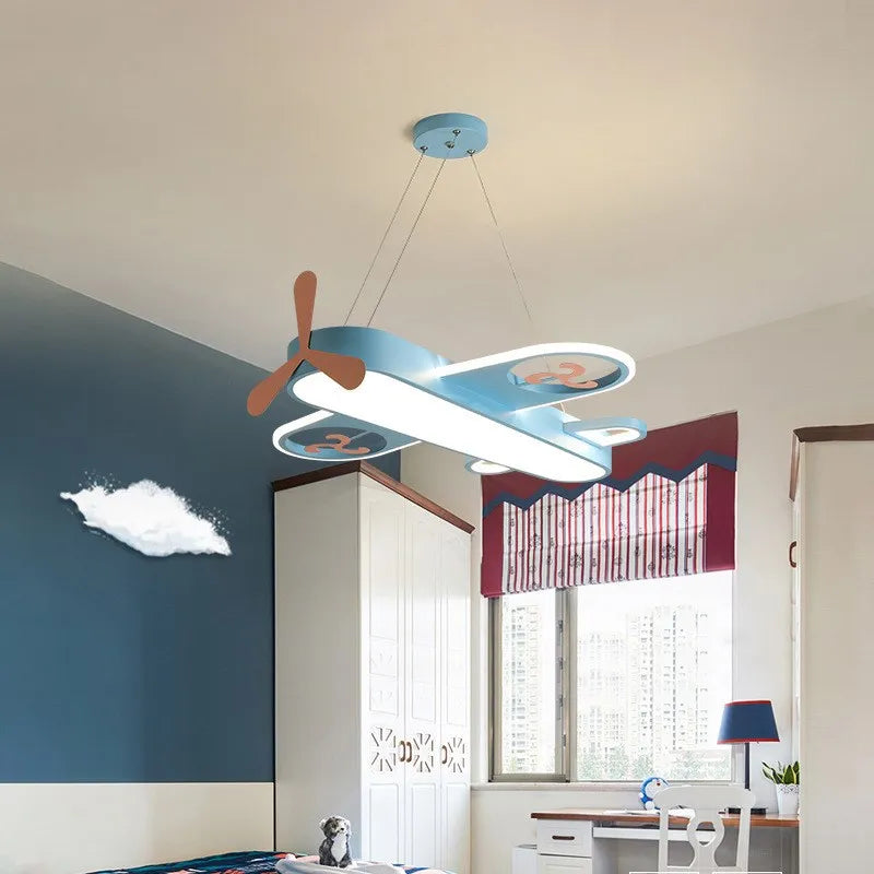 DecorBites Kids airplane pendant light blue wood and metal with brown propeller LED light on Tampa Home & Garden Store