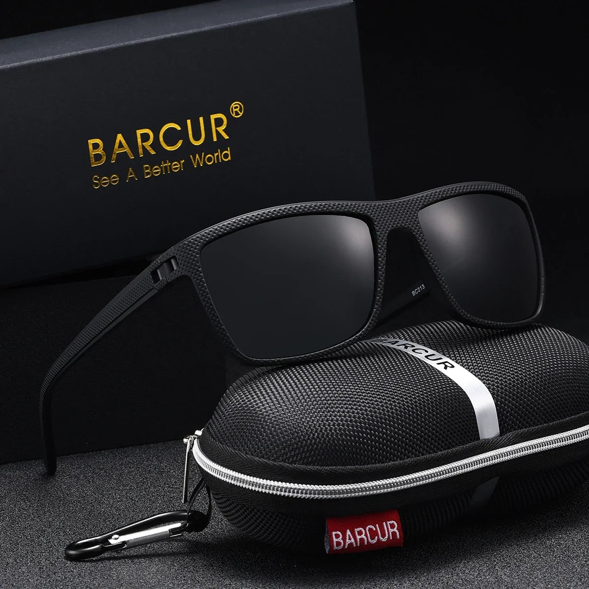BARCUR polarized sunglasses with black textured rectangular frame and UV400 TAC lenses and case on Tampa Home & Garden Store