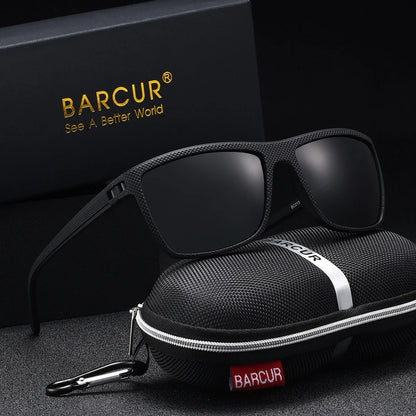 BARCUR polarized sunglasses with black textured rectangular frame and UV400 TAC lenses and case on Tampa Home & Garden Store