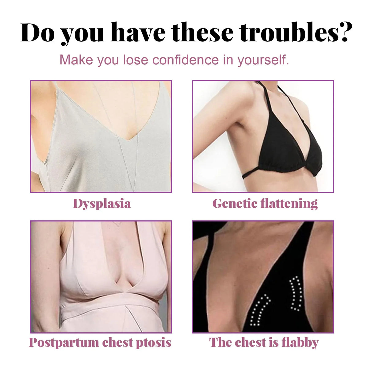 Silcy Skin EELHOE Breast Enlargement Oil infographic with four chest-condition panels on Tampa Home & Garden Store