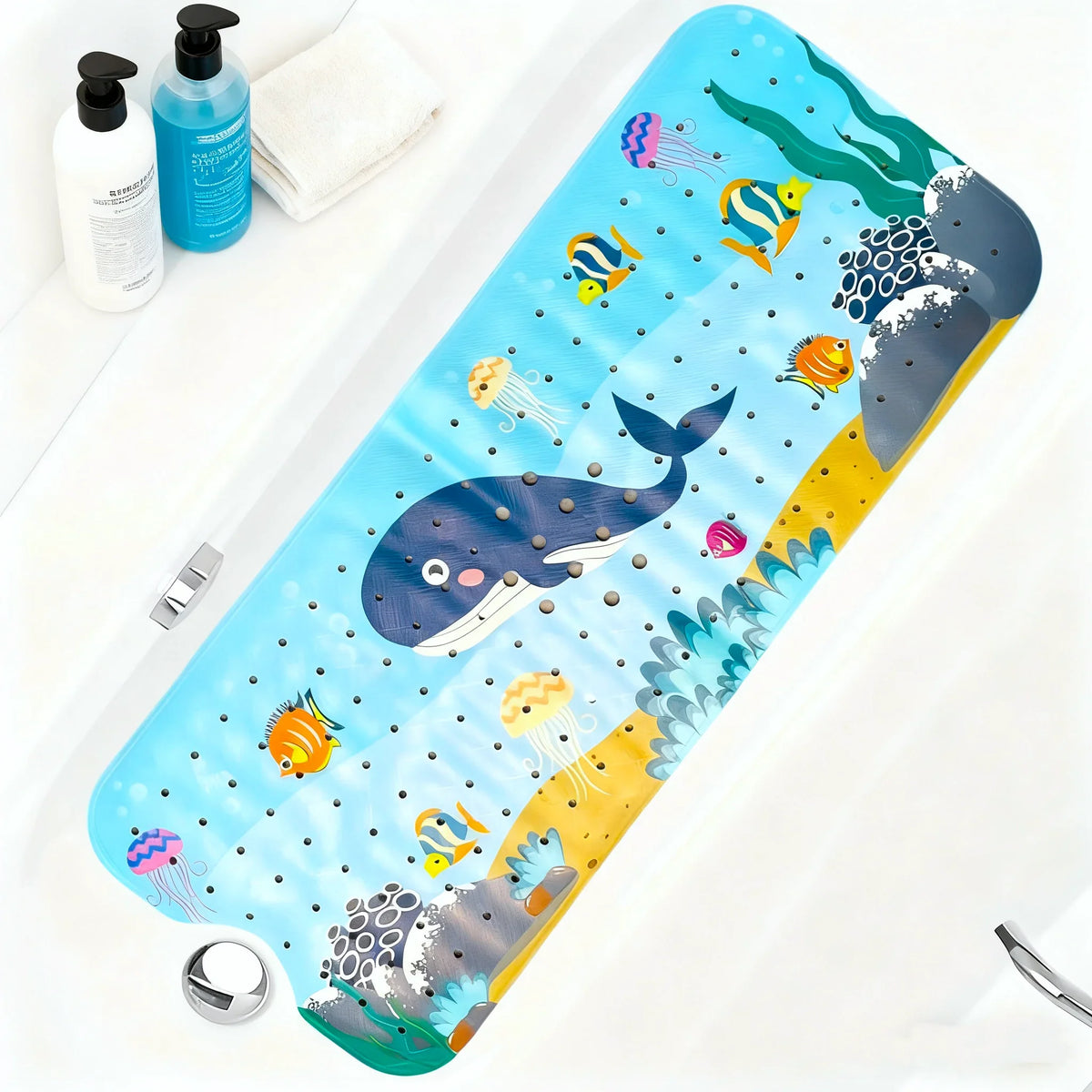 Cartoon extra long bathtub mat 40x100cm in blue with suction cups and drain holes, non-slip for bathroom on Tampa Home & Garden Store