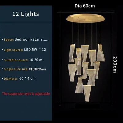 DecorBites LED Art Acrylic Pendant Light for Modern Luxury Staircase Chandelier with 12 panels on Tampa Home & Garden Store