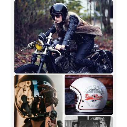 Fiberglass retro motorcycle helmet open-face style, white with Road Race graphic on Tampa Home & Garden Store
