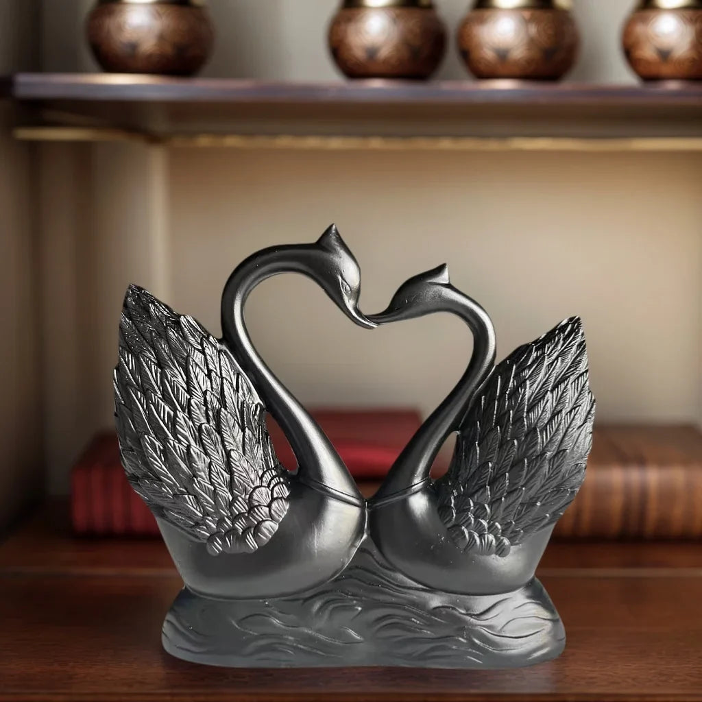 Perfecsy heart-to-heart swan statue decor, 1 piece, dark metal finish with detailed wings on Tampa Home & Garden Store