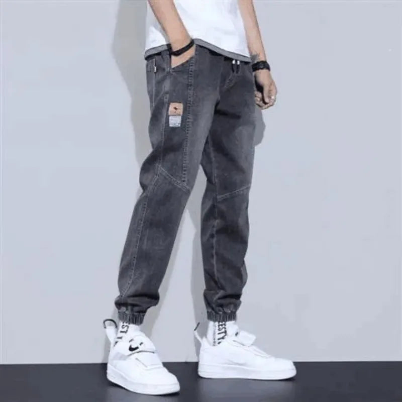 Men Wide Leg Jeans UpTrend Deals dark gray denim with thigh patch, baggy pants elastic cuffs on Tampa Home & Garden Store