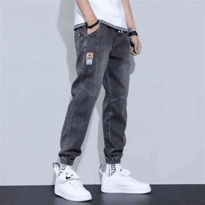Men Wide Leg Jeans UpTrend Deals dark gray denim with thigh patch, baggy pants elastic cuffs on Tampa Home & Garden Store