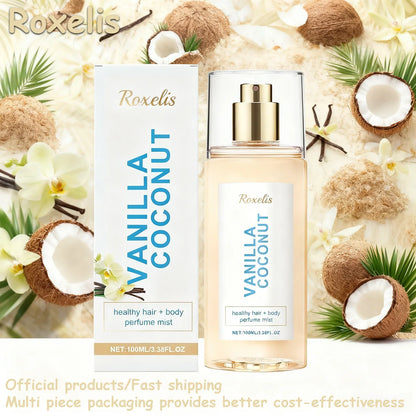 Vanilla Coconut Body Hair Mist bottle with Roxelis branding; white box, turquoise vertical text, coconuts background on Tampa Home & Garden Store