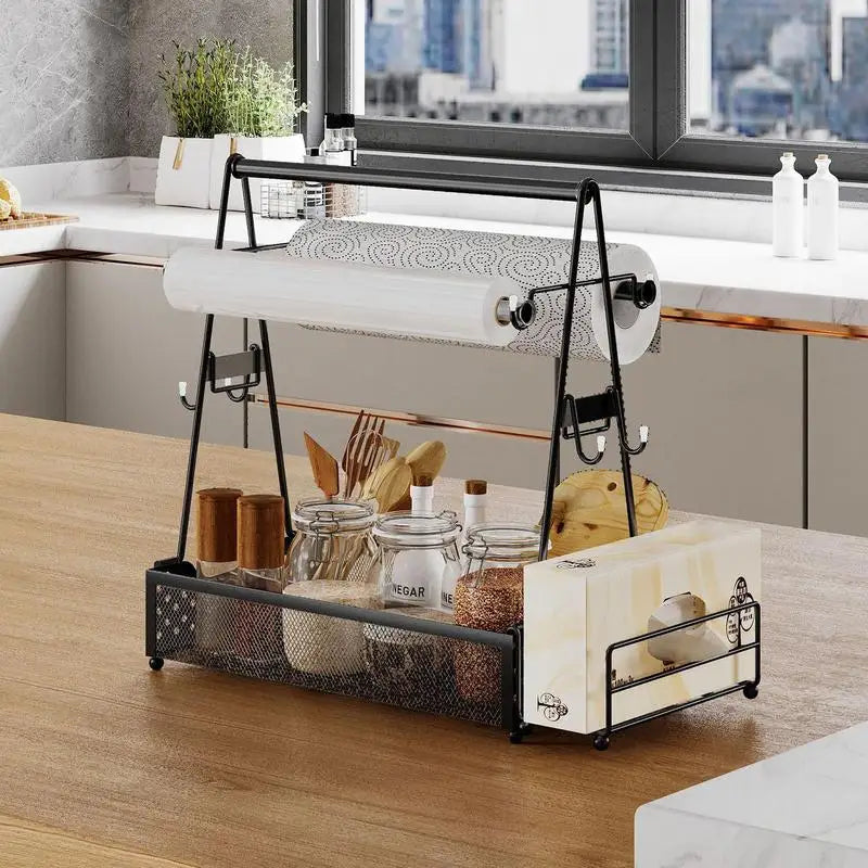Grill caddy with paper towel roll, black metal frame, mesh tray with jars on counter on Tampa Home & Garden Store