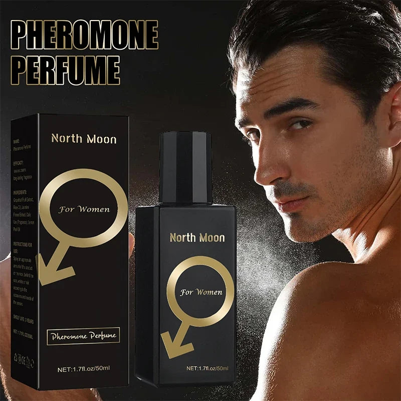 North Moon women’s pheromone perfume box and bottle in black with gold circle logo, two-item set on Tampa Home & Garden Store
