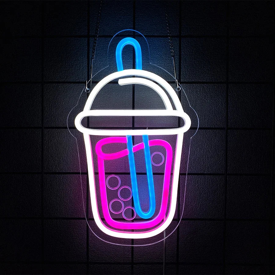 Dessert Series Neon Sign Cup decor, white outline with pink beverage and blue straw, Perfecsy on Tampa Home & Garden Store