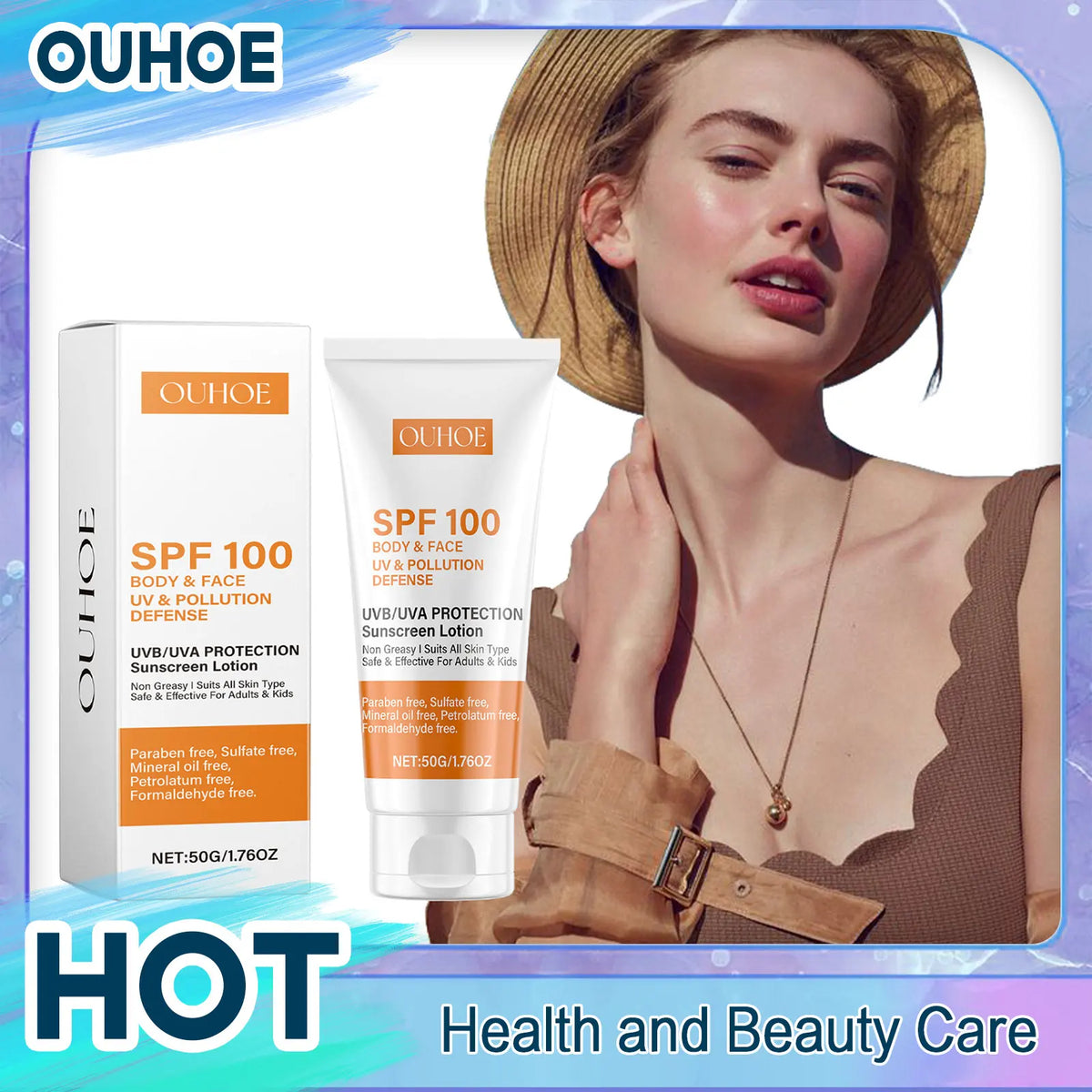 Sunscreen SPF100 by Silcy Skin OUHOE for face and body in white box and tube with orange label beside a hat model on Tampa Home & Garden Store
