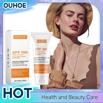 Sunscreen SPF100 by Silcy Skin OUHOE for face and body in white box and tube with orange label beside a hat model on Tampa Home & Garden Store