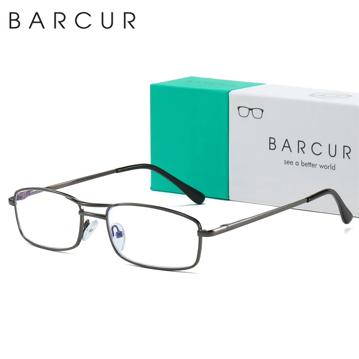 BARCUR reading glasses with ultra-light alloy double-bar rectangular frame and clear lenses on Tampa Home & Garden Store