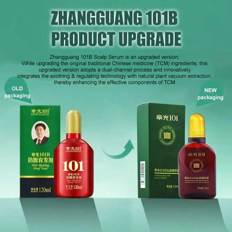 Hair Tonic Zhangguang 101B Scalp Serum 120ml packaging and green box red bottle gold cap Silcy Skin on Tampa Home & Garden Store