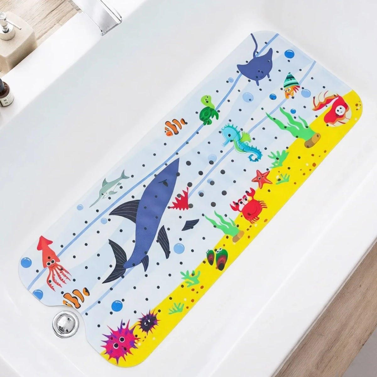 Cartoon sea life bath mat 40x100cm, blue with yellow edge, non-slip with suction cups on Tampa Home & Garden Store