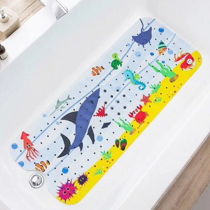 Cartoon sea life bath mat 40x100cm, blue with yellow edge, non-slip with suction cups on Tampa Home & Garden Store