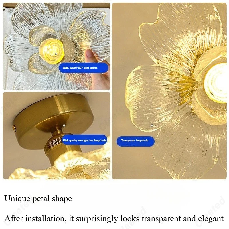 Perfecsy LED flower petal ceiling lamp with transparent glass petals and brass base, E27 on Tampa Home & Garden Store