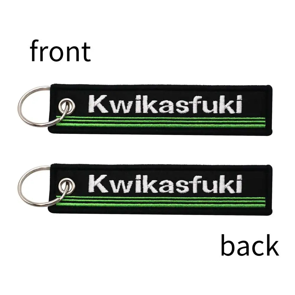Kwikasfuki motorcycle keychain, black fabric with white embroidery and green stripe, 2-pack on Tampa Home & Garden Store
