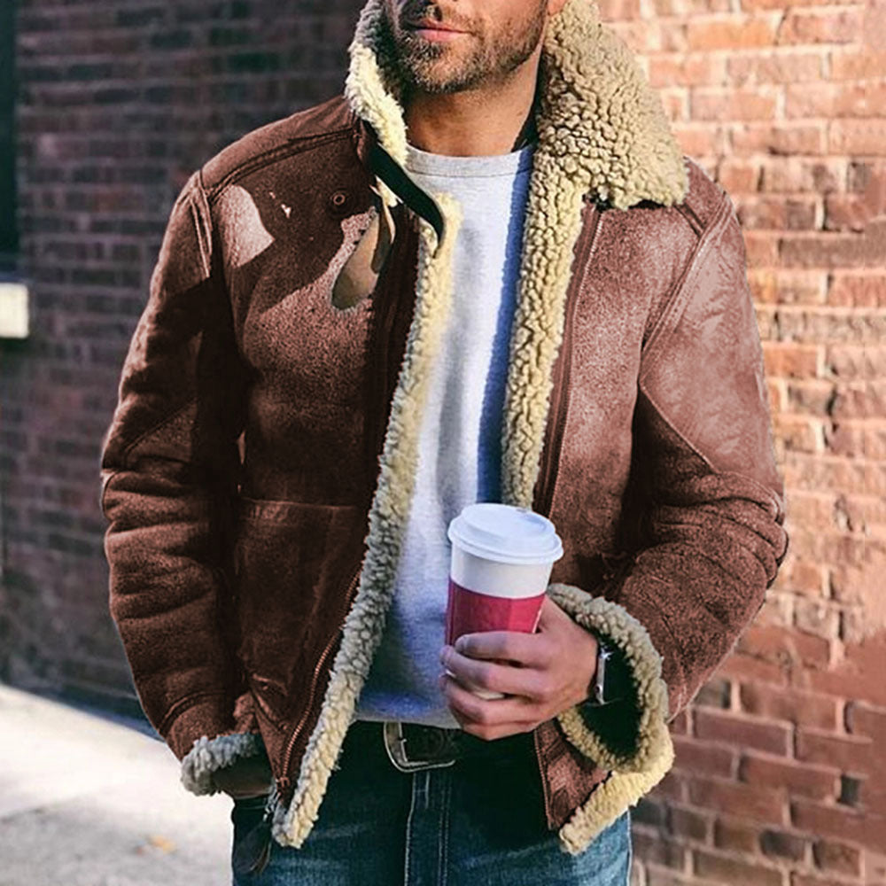 Mens brown shearling biker jacket with stand collar by UpTrend Deals on Tampa Home & Garden Store