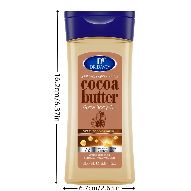 Cocoa Butter Glow Body Oil bottle with blue cap and Dr. Davey label on beige container on Tampa Home & Garden Store
