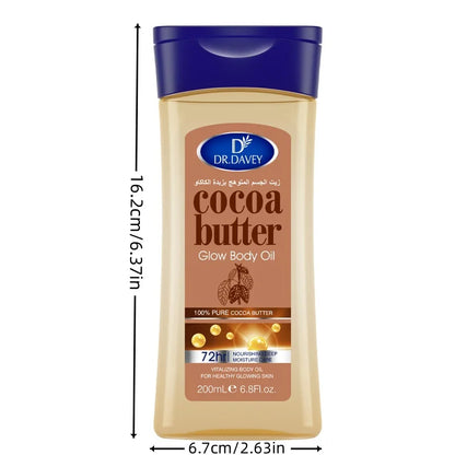 Cocoa Butter Glow Body Oil bottle with blue cap and Dr. Davey label on beige container on Tampa Home & Garden Store