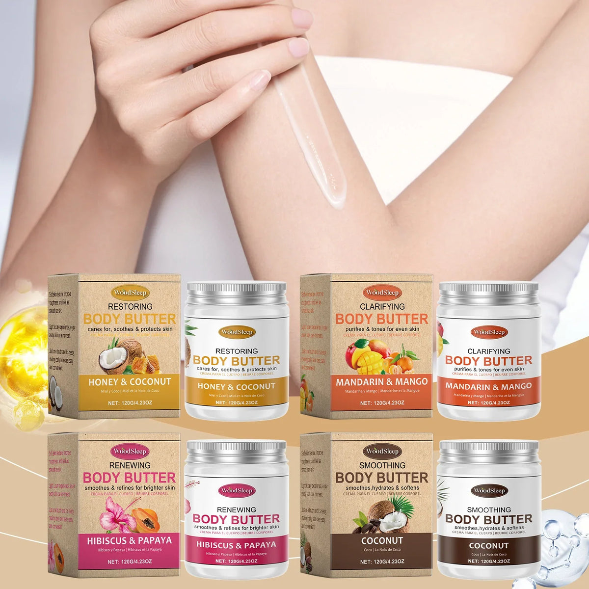 Woodsleep Coconut Body Butter Cream 120g jar, several Woodsleep body butters on display, on Tampa Home & Garden Store
