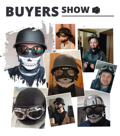 DOT Half Helmet Retro Motorcycle by BikerZoneZ black matte with skull mask and goggles on Tampa Home & Garden Store