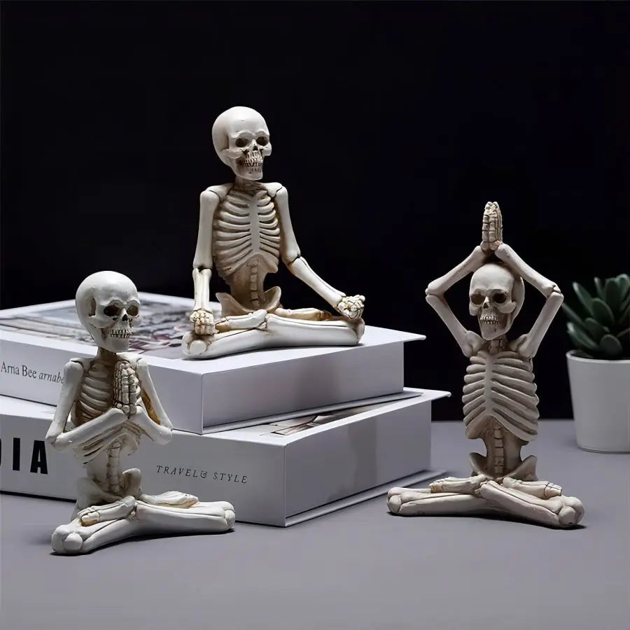 Perfecsy resin meditation and yoga skeleton statue set, three ivory gothic decor figurines on Tampa Home & Garden Store
