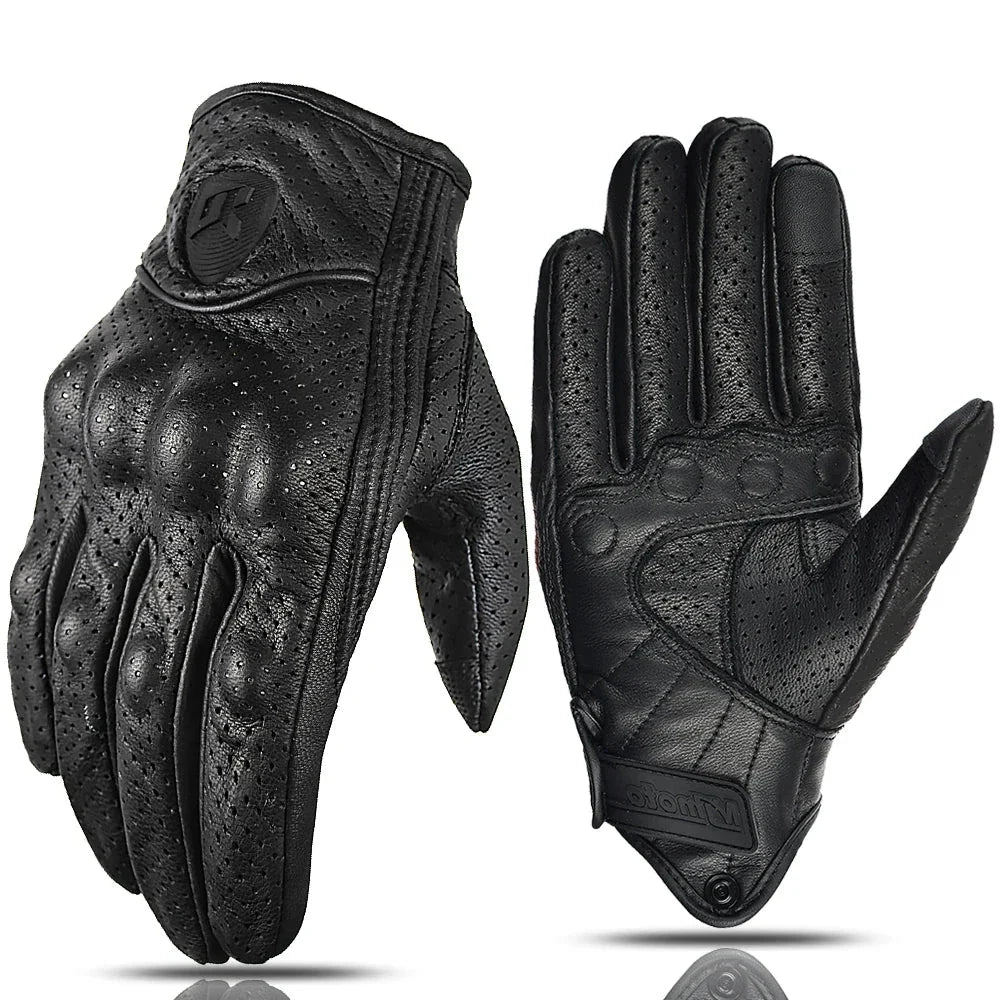 Motorcycle Retro Leather Gloves black perforated leather, BikerZoneZ brand, pair on Tampa Home & Garden Store