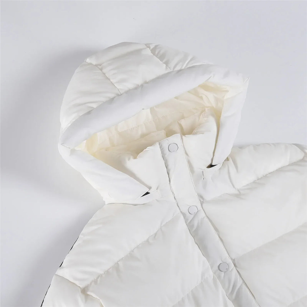 White hooded women's puffer jacket by UpTrend Deals, thick padded coat with snap placket on Tampa Home & Garden Store