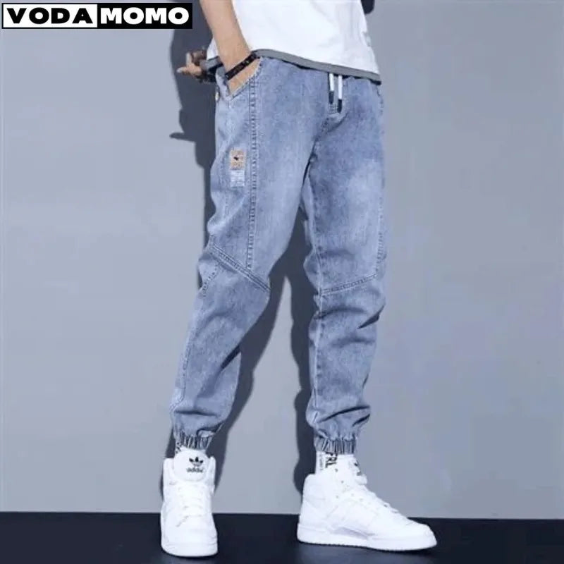 Men's wide-leg denim jeans baggy vintage, blue wash with patch, elastic cuffs UpTrend Deals on Tampa Home & Garden Store