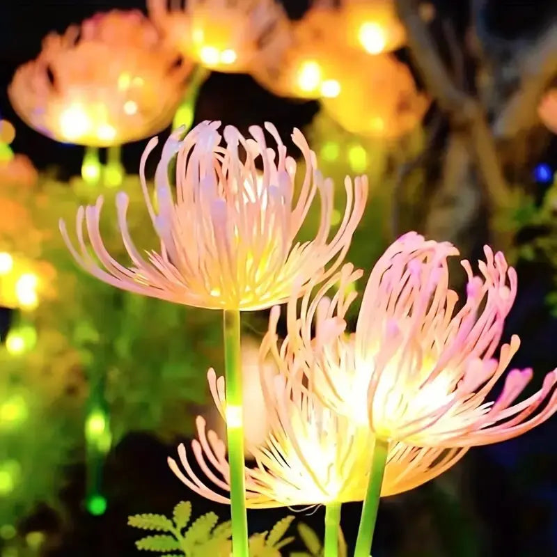 2pc solar flower LED garden lights with pink petals on green stems, waterproof lawn lamps on Tampa Home & Garden Store
