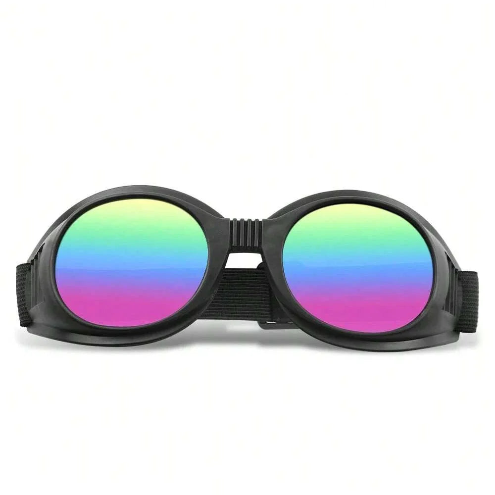Motorcycle goggles with black frame and rainbow mirrored lenses on Tampa Home & Garden Store