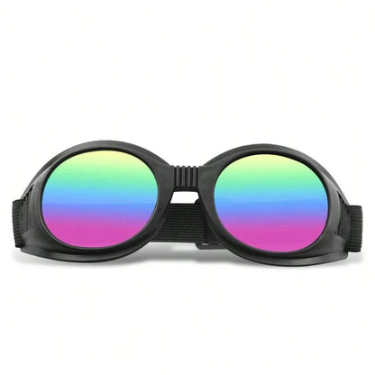 Motorcycle goggles with black frame and rainbow mirrored lenses on Tampa Home & Garden Store
