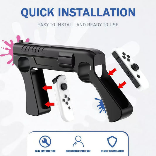 Switch OLED stock handle bracket with somatosensory gun in black frame and white controllers on Tampa Home & Garden Store