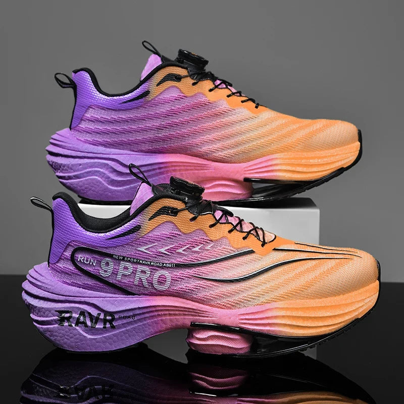 EstaliosFit running shoes, carbon plate cushioned design, purple–orange gradient pair on Tampa Home & Garden Store