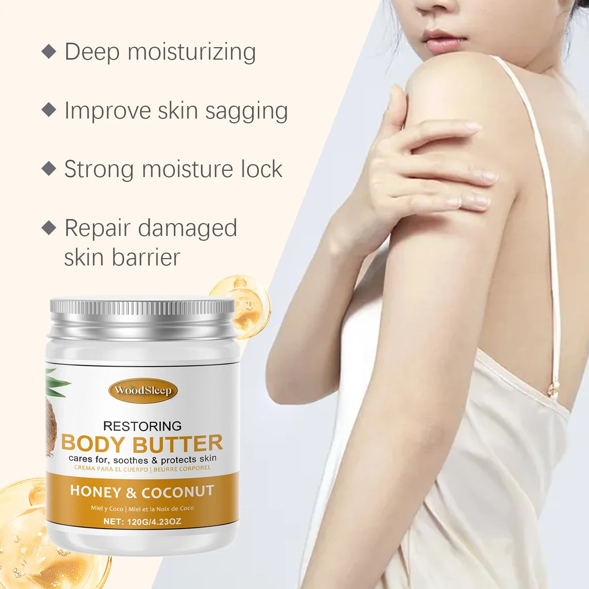 WoodSleep restoring body butter jar with honey & coconut label beside a woman massaging shoulder on Tampa Home & Garden Store