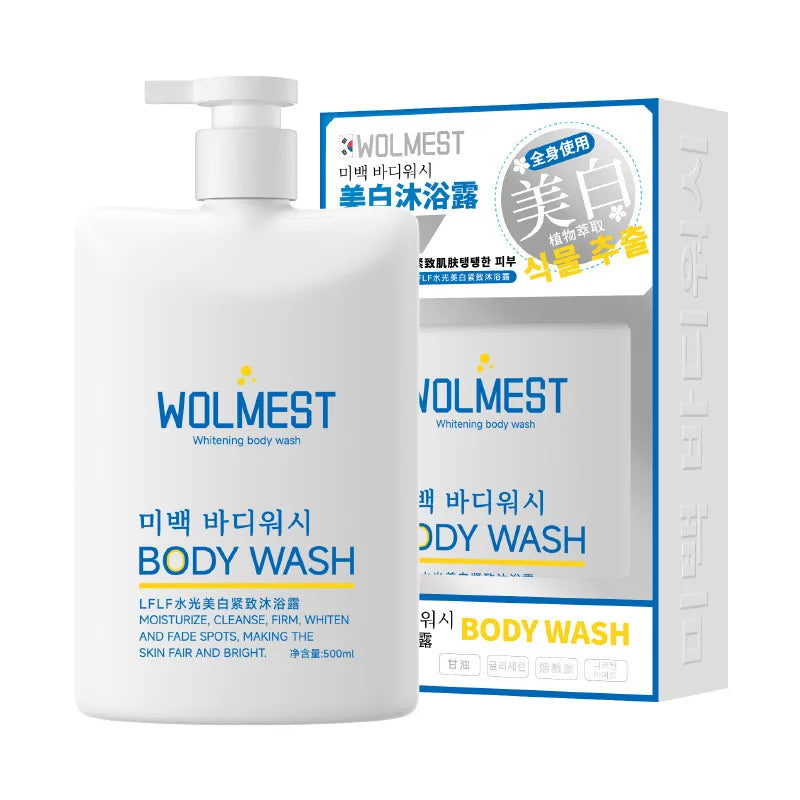 WOLMEST whitening body wash bottle with pump beside blue yellow box on white container on Tampa Home & Garden Store